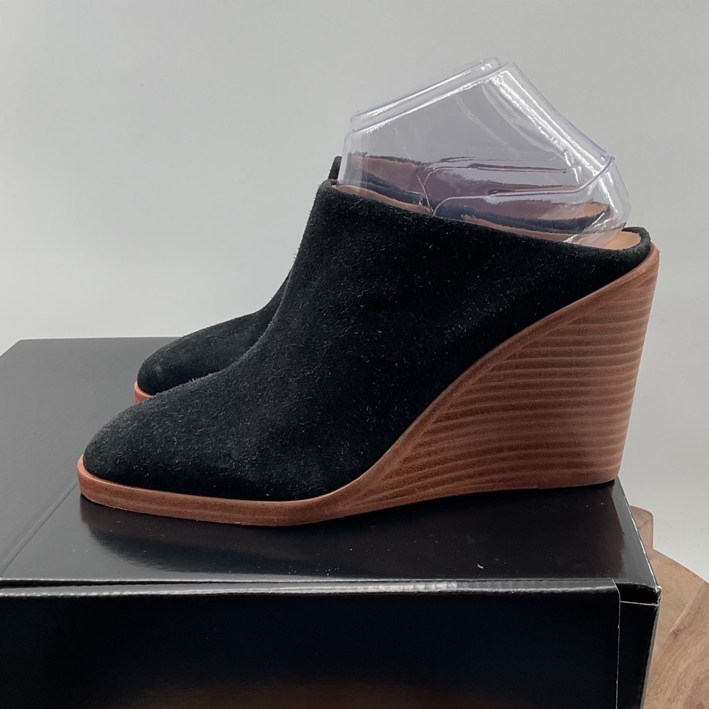 Joie Black Suede Wedge Mules Almond Toe Slip On Shoes Made in Brazil 7.5B
